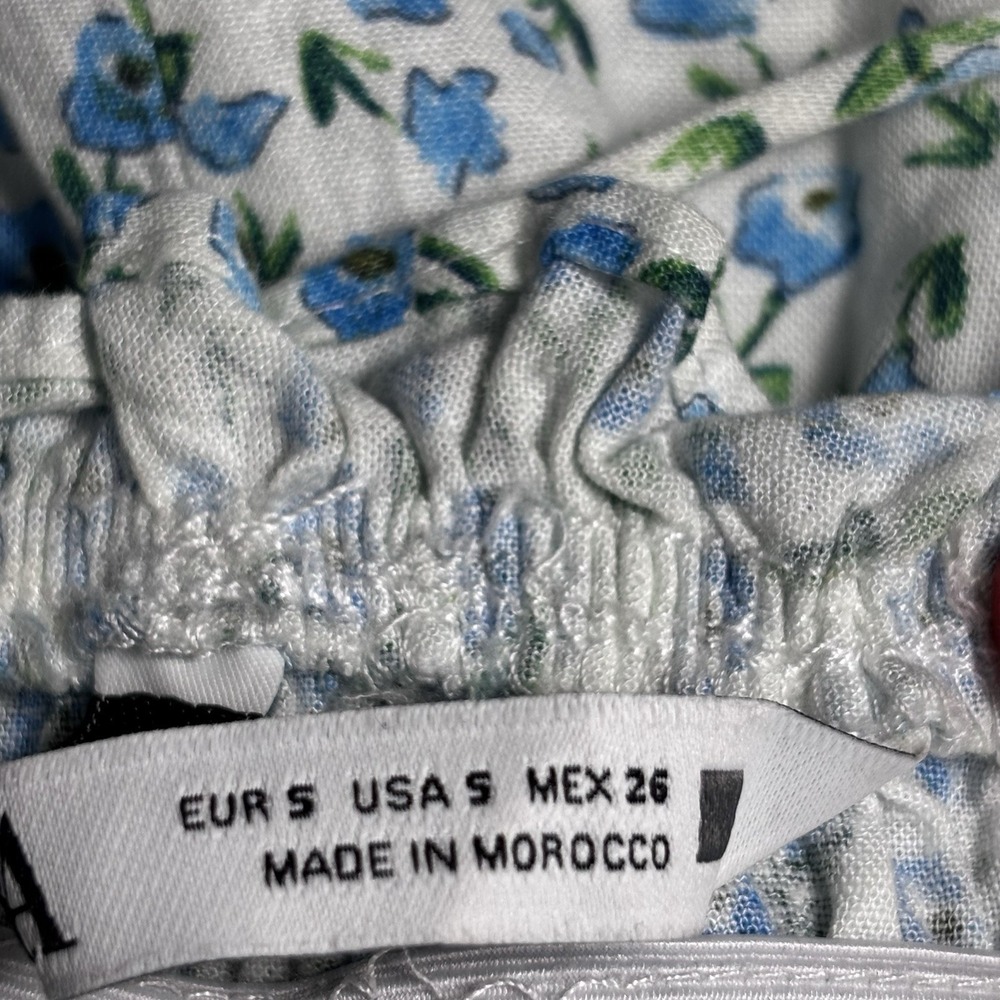 Zara Ditsy Floral Babydoll Dress S Blue Linen Blend Smocked Mini Cottage Picnic‎ - Picture 9 of 11